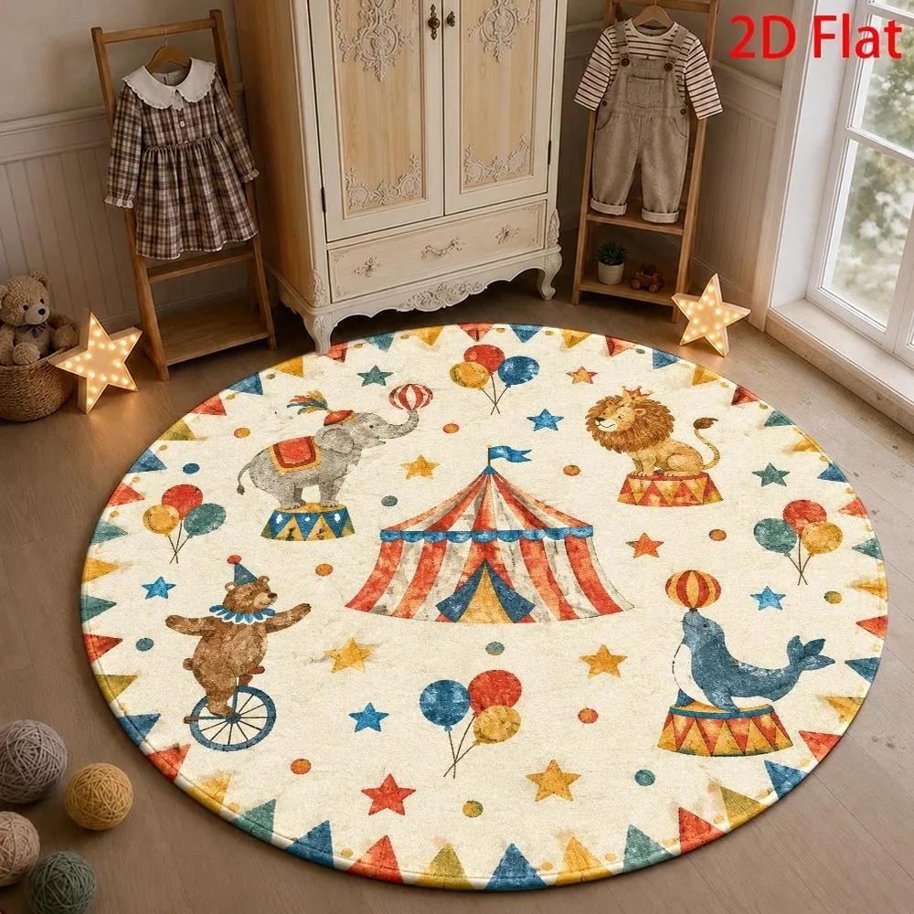 Navy Blue Horseshoe Floral Round Area Rug, American Folk Botanical Star Circular Floor Mat, Vintage Country Style Carpet for