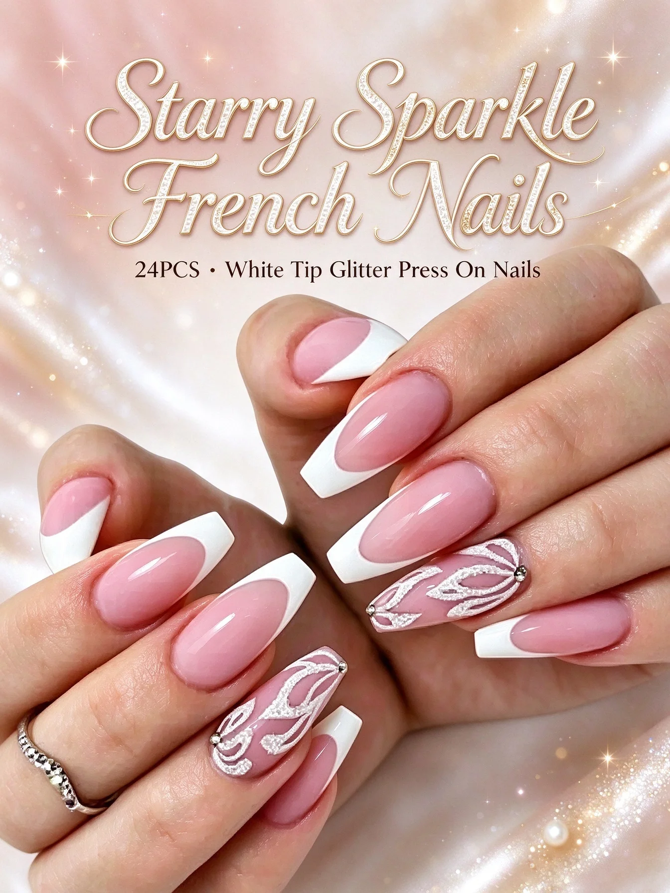 24PCS Starry Sparkling White French Tip Glitter Press on Nails Elegant High-End Removable False Nail Tips for Easy Application