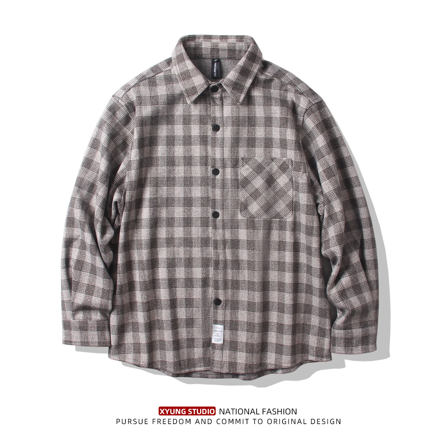 

Мужская теплая свободная повседневная рубашка-поло в клетку с простым воротником, осенне-зимняя новинка, уличный стиль...