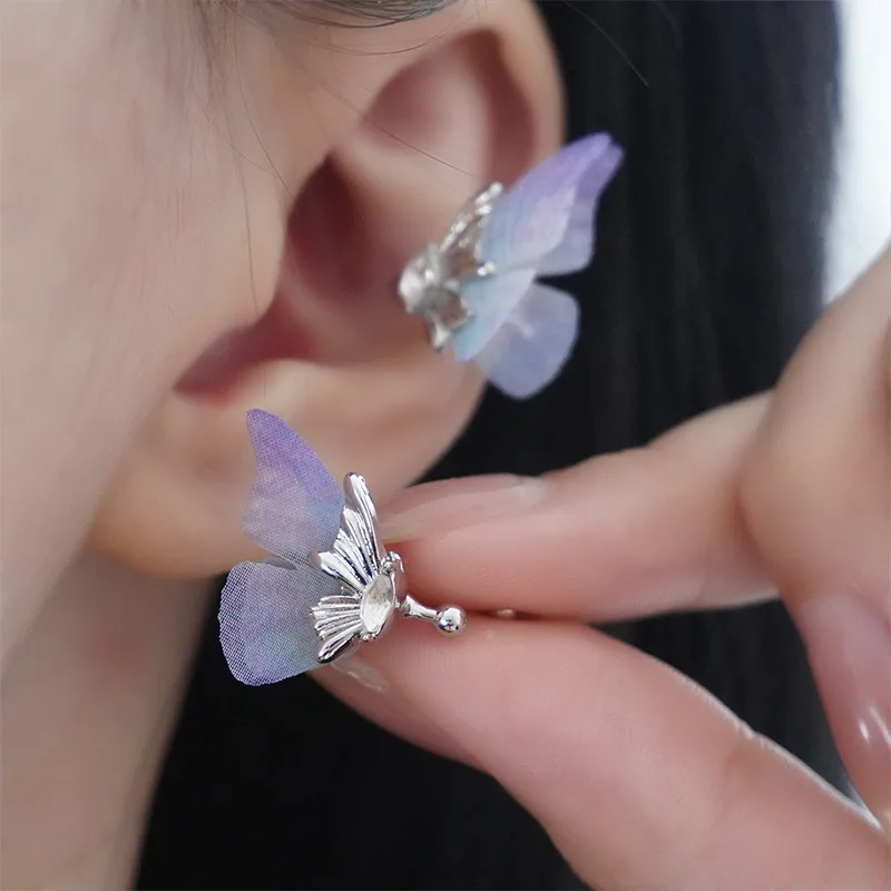 Exquisite Blue Tulle Butterfly Clip Earrings for Women No Piercing Bowknot Zircon Ear Bone Earrings Fashion Jewelry Party Gifts