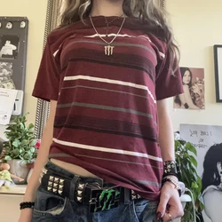 Women Black Grunge T-Shirts Short Sleeve Basic Shirt Coquette y2k Top Spring Strip Vintage Tees Fairycore Pullovers Streetwear