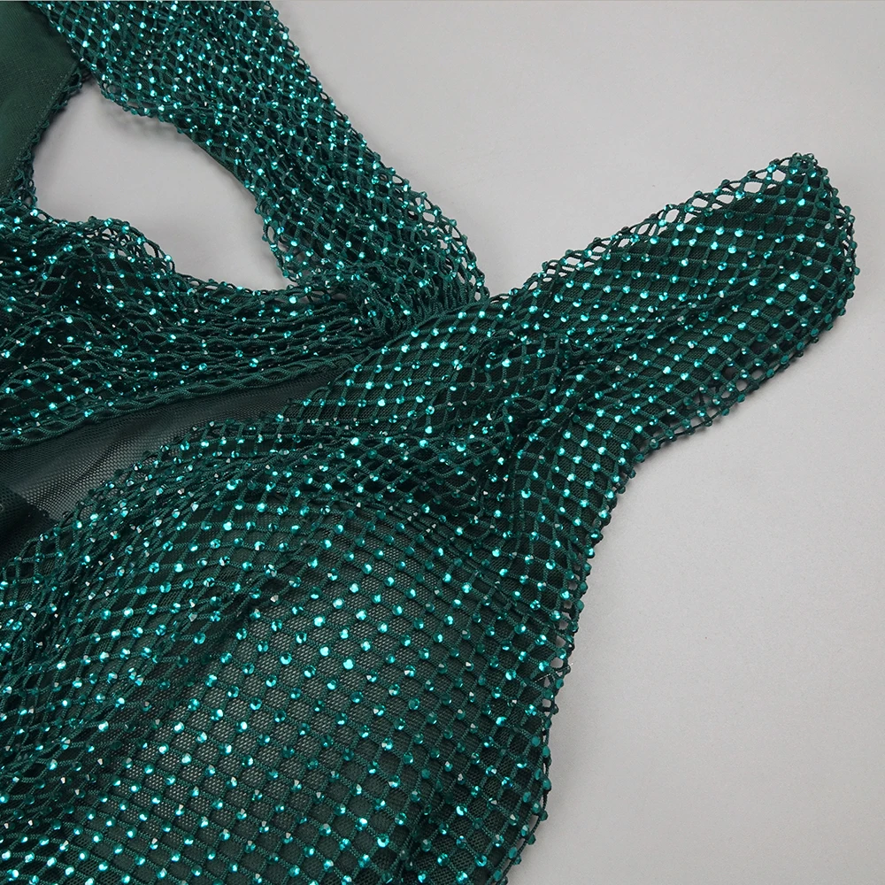 فستان طويل شبكي كريستالي أخضر زمردي - فستان بفتحة كتف واحدة لحفلات الكوكتيل الراقية وعرض السجادة الحمراء