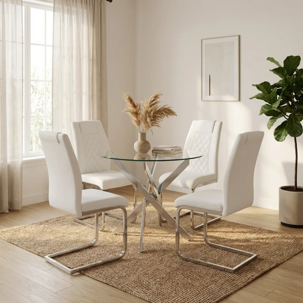 

Modern 4-Piece round Glass Dining Set Silver Legs 35.5" White Chairs And Silver Table Home Furniture Dining Room Sets