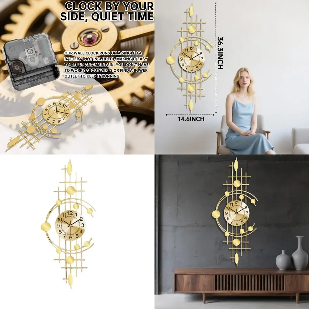 

Silent Quartz Battery-Powered Golden Wall Clock, 14.6x36.3, Stylish Decor for Home, Kitchen, Bathroom, Bedroom