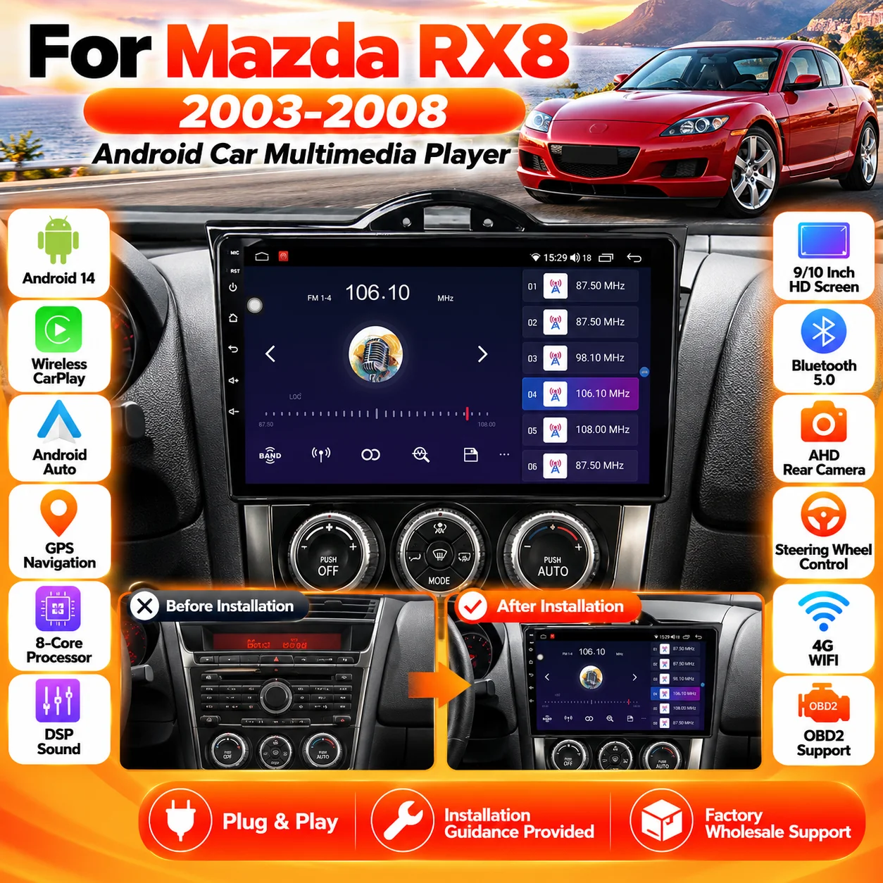 CarPlay GPS Navigation 128G Android 14 Multimedia Car Radio For Mazda RX-8 2003-2008 Stereo Head Unit