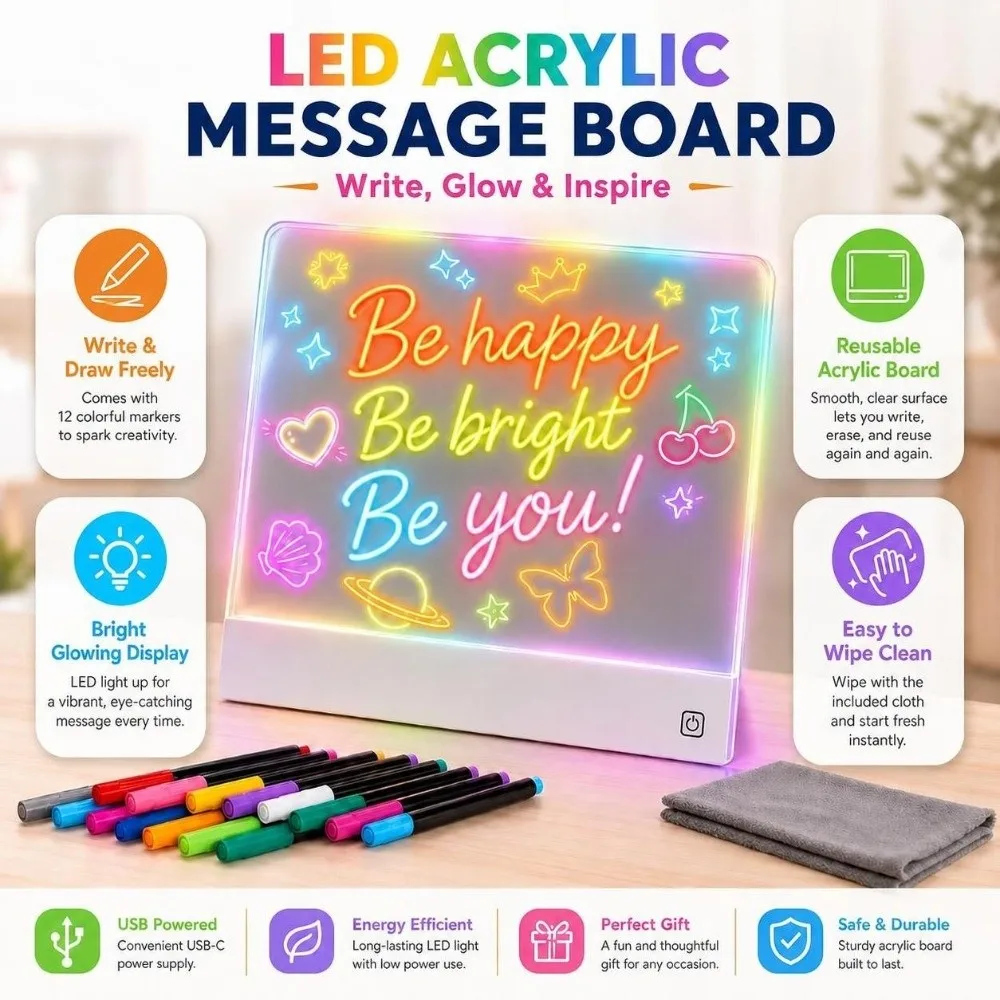 Interactive DIY LED Drawing Board Acrylic with 12 Color Pen Light-Up Message Board Doodle Board Birthday Gift