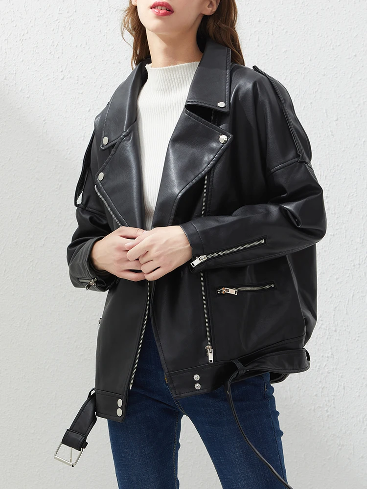 Ailegogo Spring Autumn Women Loose Black Pu Faux Leather Jacket Streetwear Motorcyle Biker Female Belt Zipper Coat Outwear