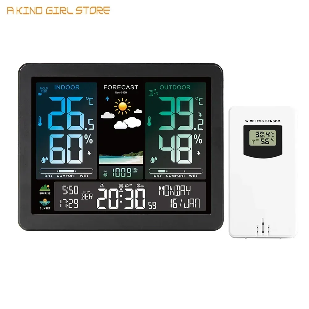 Multifunctional Wireless Weather Station Forecaster Indoor Outdoor Thermometer Hygrometer with Sensor Color Screen Alarm Clock