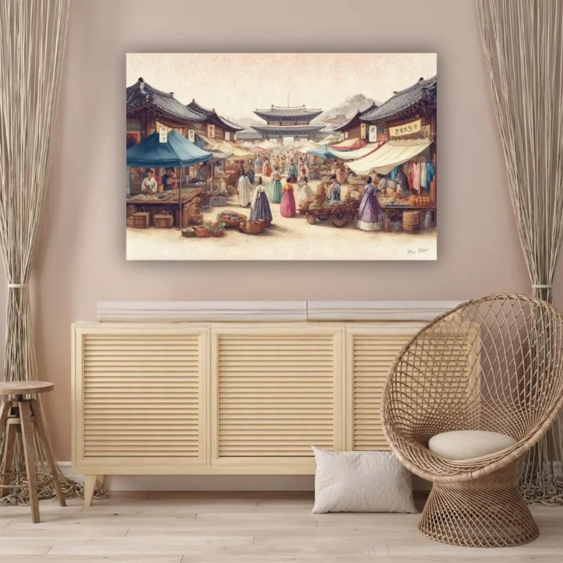 1PC frameless Vintage Ink Wash Korean Views Poster Joseon Lantern Festival Life Scenery Canvas Painting Wall Art for Living Room view 2
