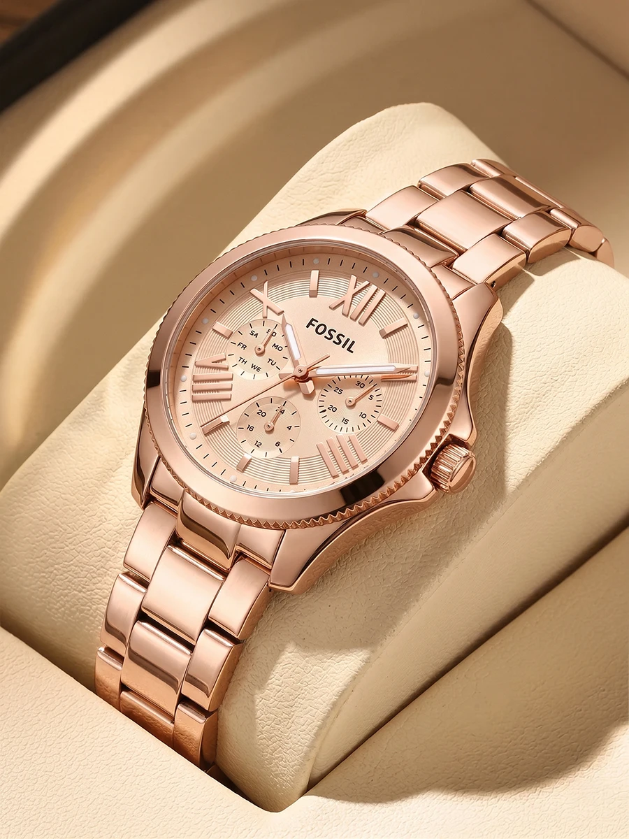 Reloj de pulsera Fossil AM4511 Cecile de lujo para Mujer, de oro rosa, de acero inoxidable, de cuarzo, multifunción, a la moda, Reloj de pulsera para Mujer