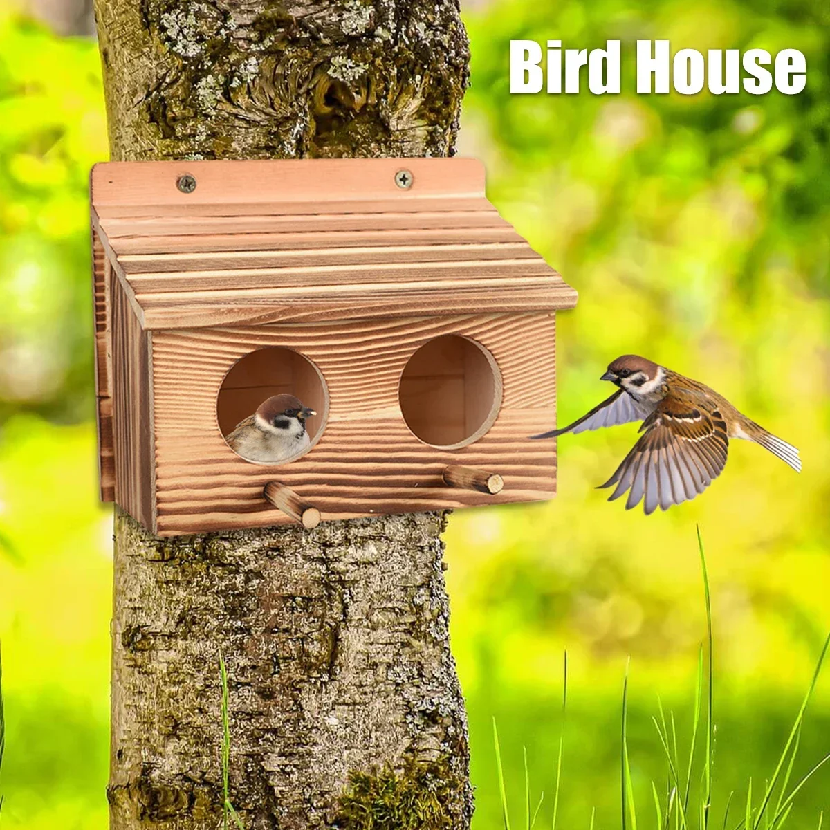 Bird House with 2 Holes Creative Hanging Birdhouse Wooden Garden Bird House Room Handmade c Hanging Outdoor Bird Nesting Sturdy