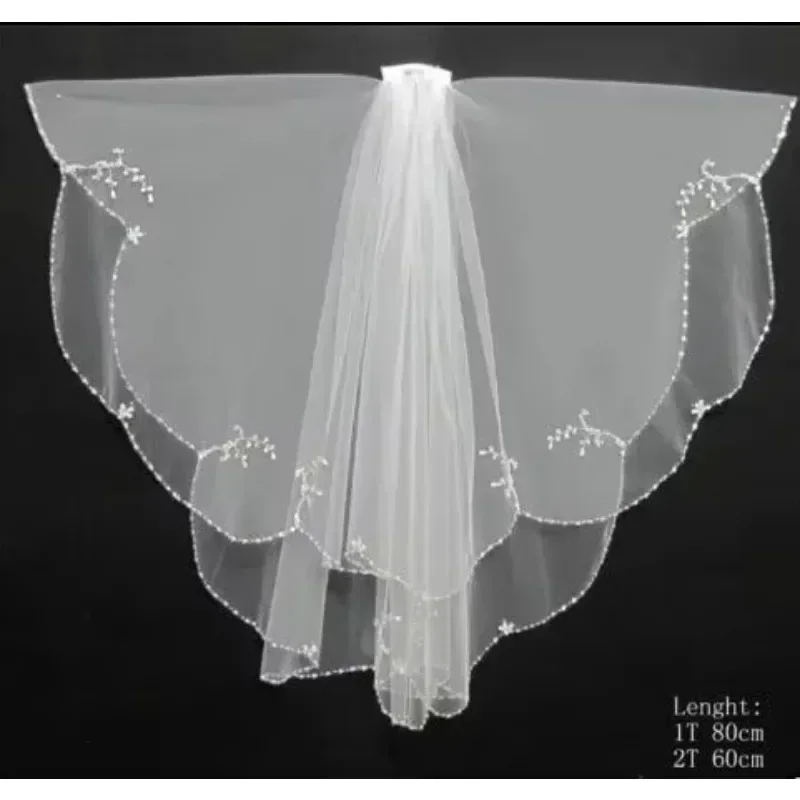 White Ivory Bridal Veils Two Layer Beaded Wedding Veil Comb  Voile De Mariée Фата Для Невесты