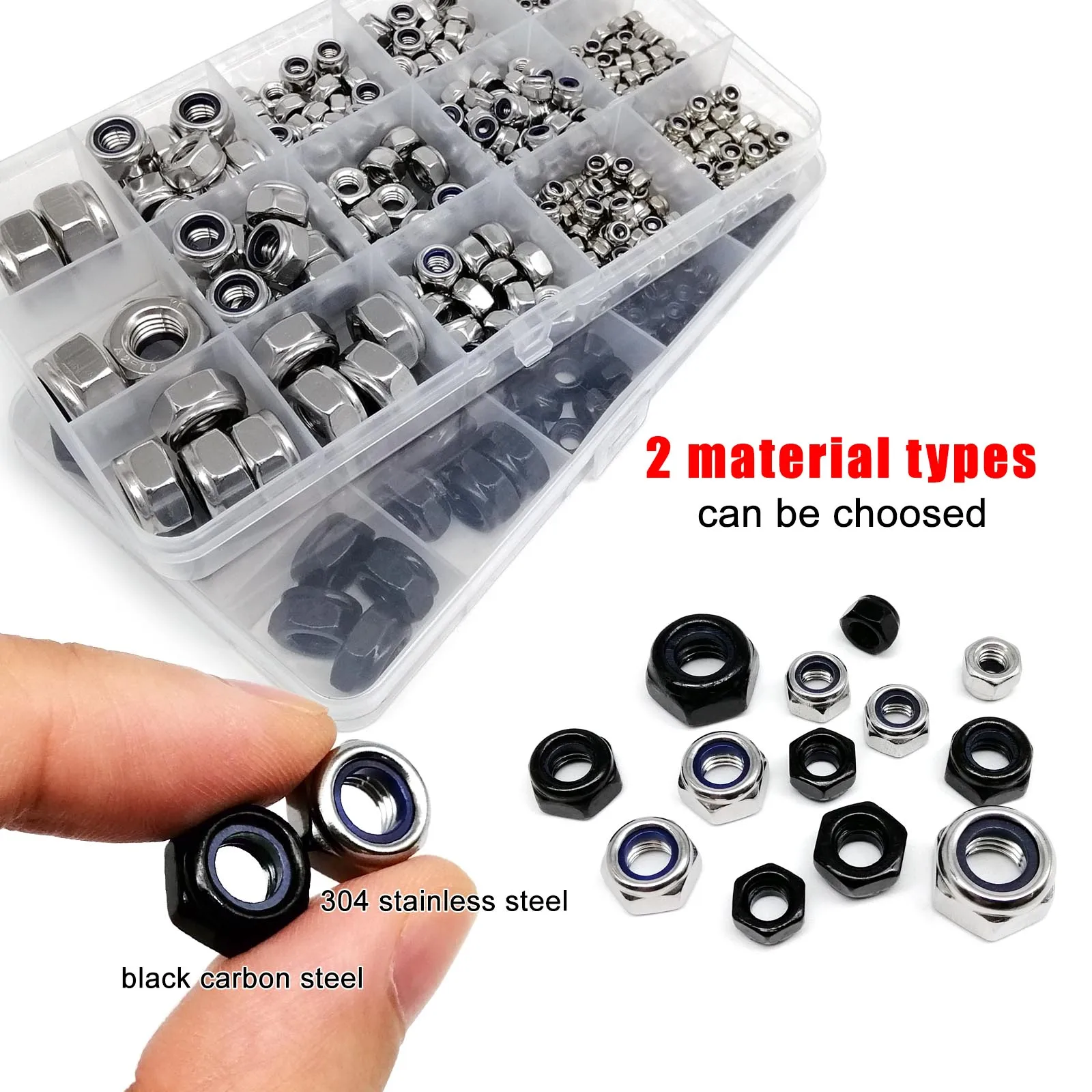 Mix M2 to M12 Set Kit Box DIN985 Hexagon Nylon Insert Lock Nut Hex Self Locking Nylock Locknut 304 Stainless Steel Black Steel