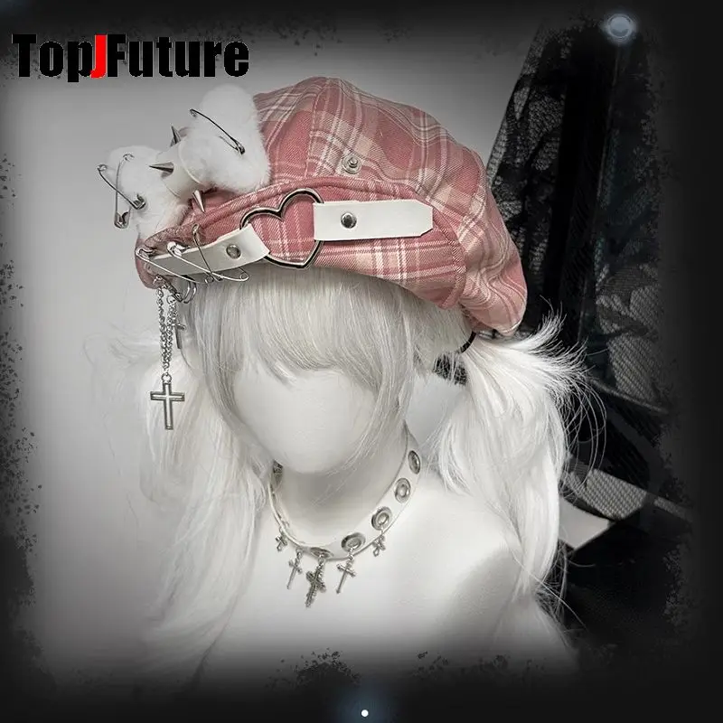 Subculture Y2K Girls Japanese lovely check pin Hat bone fluffy stars polychrome Newspaper Painter's Hat Cloud Hat