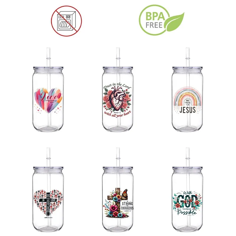 

Christ 3D Love Theme Printed Reansfer PET Plastic Straw Cup 16 OZ DIY Custom Transfer Cup Eco-Friendly Comes With Straw Cup Lid