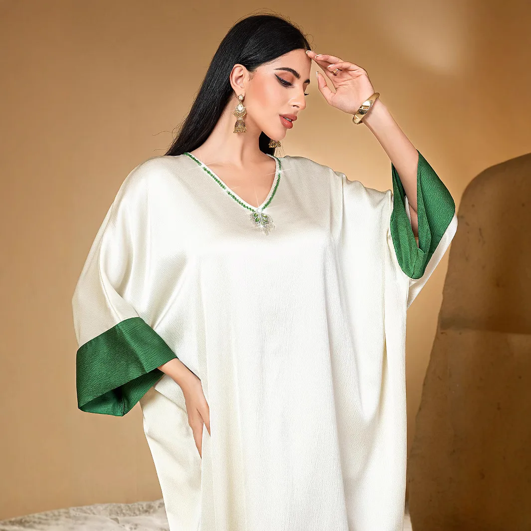 Women' Green White Color-coded Casual Trendy Simple Basic Daily V-neck Long Sleeve Breathable Dresses Muslim New Fashion Clothes