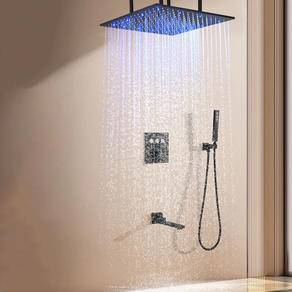 

16-Inch Matte Black Rain Shower System 3-Function Thermostatic Shower Set Digital Display LED Color-Changing Shower Faucet