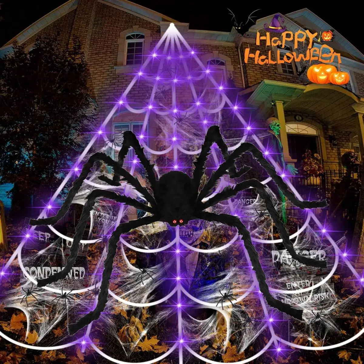 1 Pack Halloween Spider Outdoor Decoration Net Lights Including Giant Spider Web And 200LED Purple String Light For Home Decor