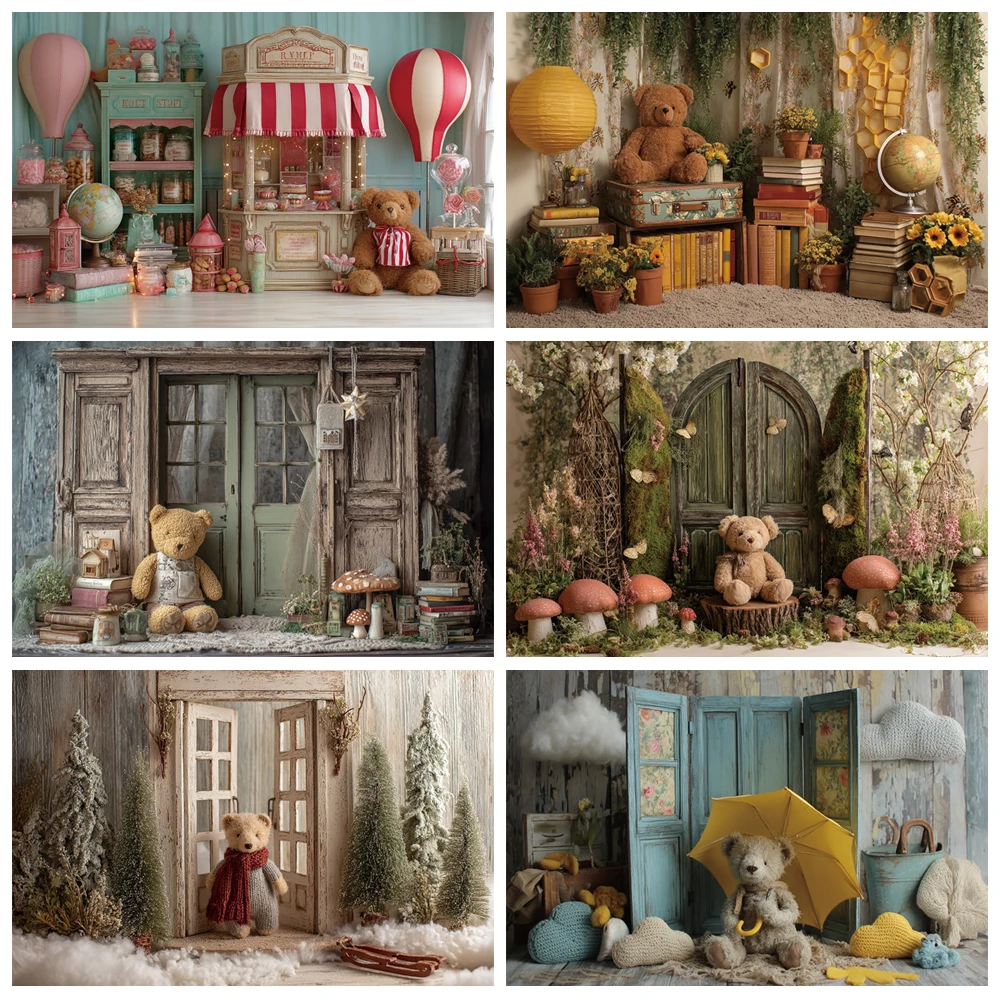 

MOON.QG Teddy Bear Birthday Backdrop Cloud Wood Umberlla Backgrounds for Photography Photo Booth Shooting Props Newborn Birthday