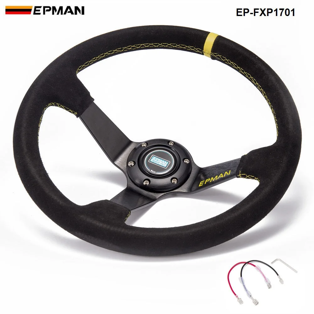 EPMAN Auto 350mm Deep Dish Drift Racing Steering Wheel Suede leather With Horn Button EP-FXP1701