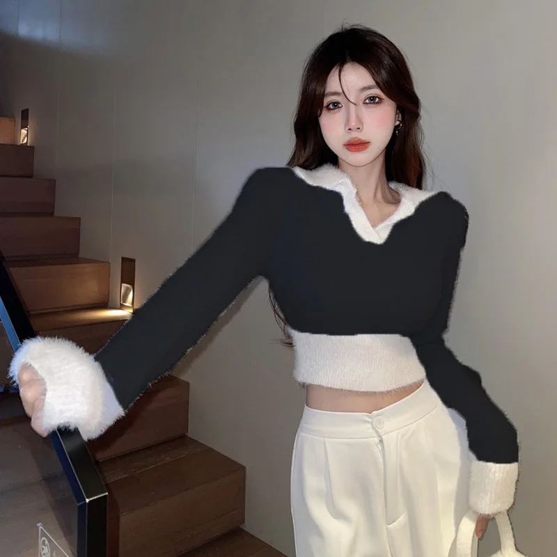 Korean Sweater Slim Color Contrast  Sexy Autumn And Winter  Plush  V-neck