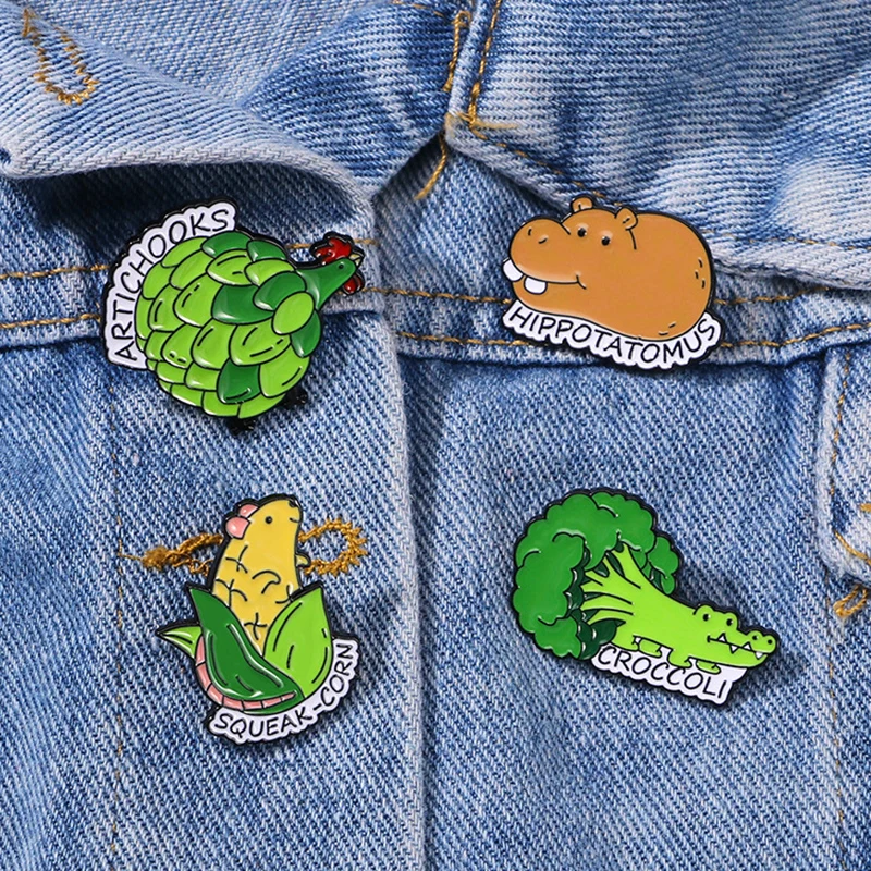 Cute Vegetable Animal Brooch Corn Mouse West Blue Flower Crocodile Potato Hippo Chicken Metal Badge Lapel Punk Pins Jewelry Gift