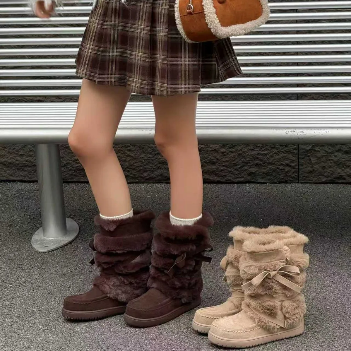 

2026 Y2K Winter Ankle Snow Boots for Women Platform Antiskid Ski Boots Butterfly Knot Fluffy Fur Boots Footwear For Outdoor