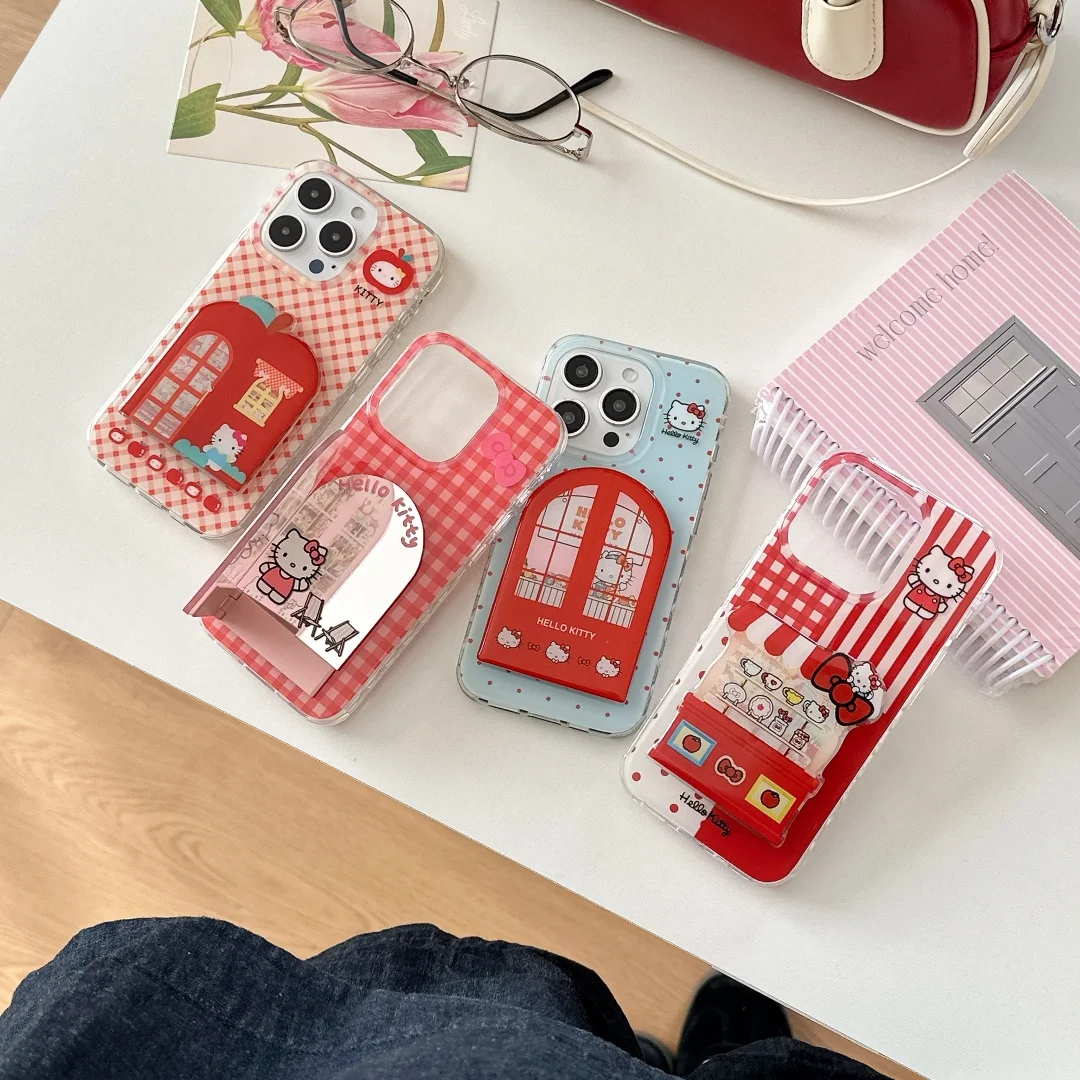 

Red Grid Brick House Door window Mirror bracket Phone Case For iPhone 16 15 14 13 Pro Max Cute Hello Kitty Mirror Back Cover﻿﻿
