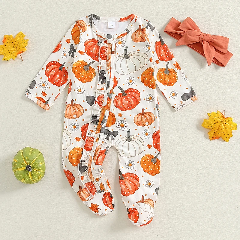 Newborn Baby Girl Clothes Ruffle Baby Sleeper Zipper Footie Romper Playsuit with Headband Outfit Pumpkin Orange Jumpsuits