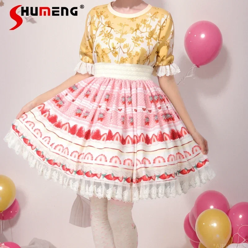 Japanese Girl Sweet Cute Pink A-line Skirt Lady Lolita Strawberry Printed Lace Pleated Knee Length Short Skirt Women Y2k Skirts