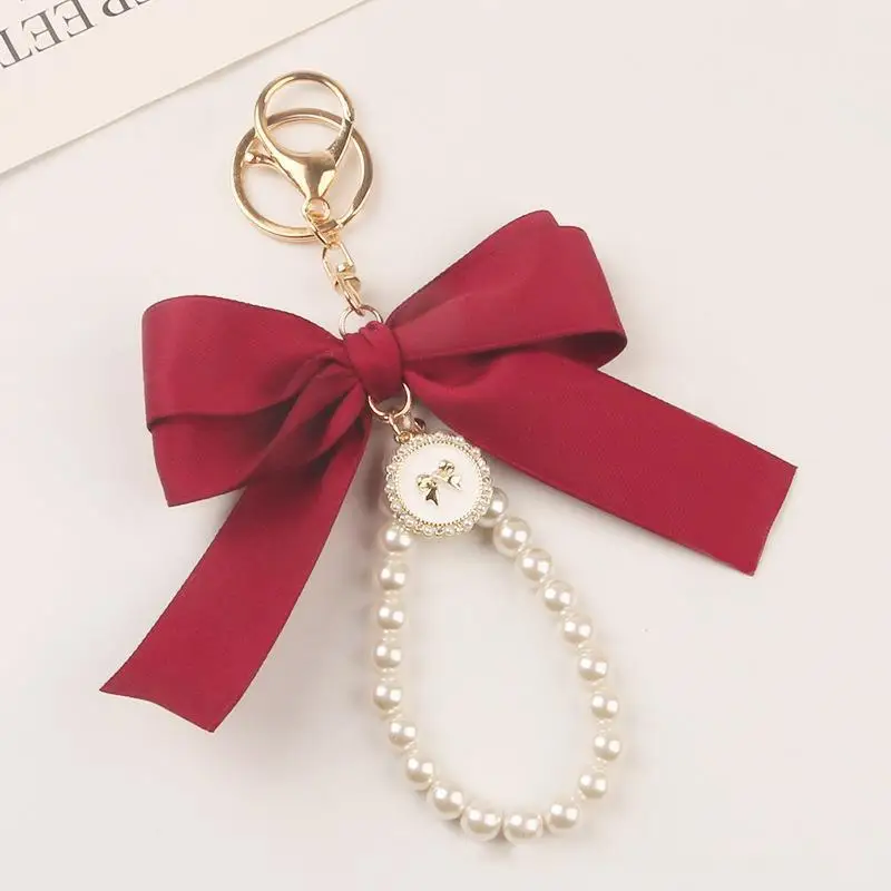 Fashion Large Bowknot Ribbon Pearl Key Chain Women's Multi-color DIY Key Pendant Hanging Ornament Sweet Bag Accessories