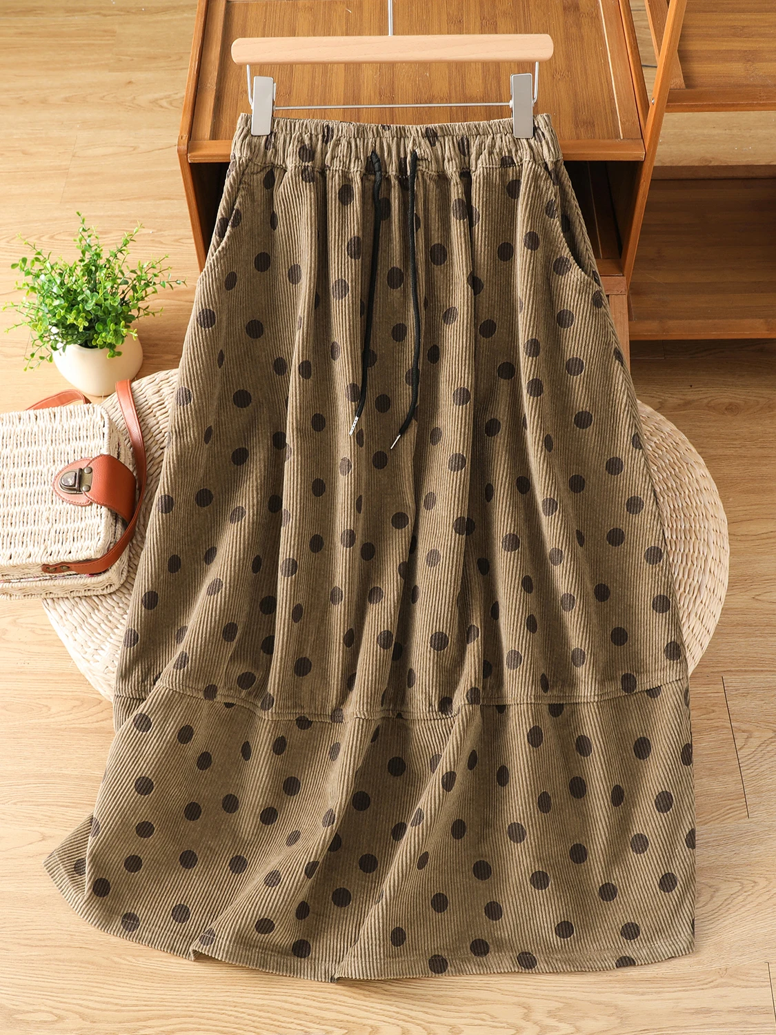 

Vintage Plaid Corduroy Women's Skirt with Polka Dot Print A-Line Midi Skirt plus Size High Waist Casual Sle for All Body pes