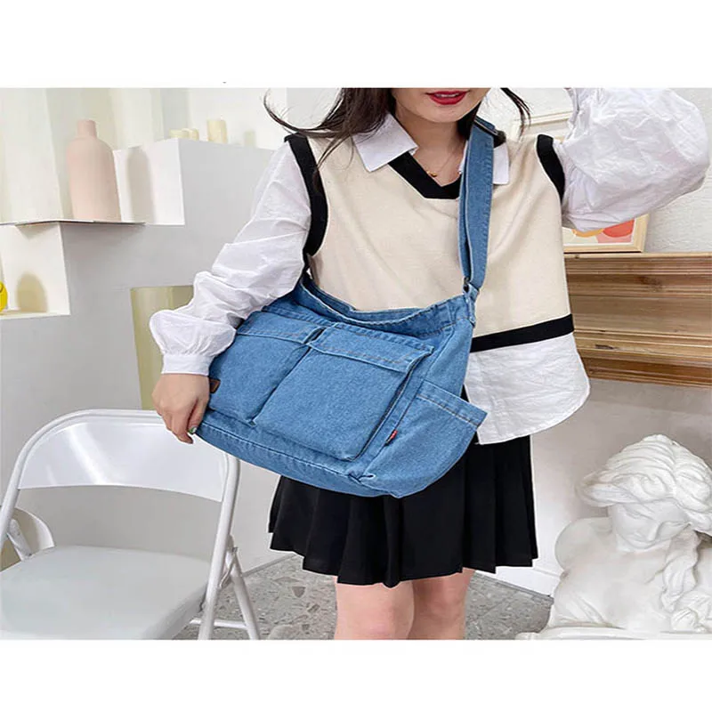 Denim Unisex Retro Jean Large Capacity Multiple Pockets Blue Messenger Crossbody Bag Handbag Letter Shoulder Shopper Women Purse