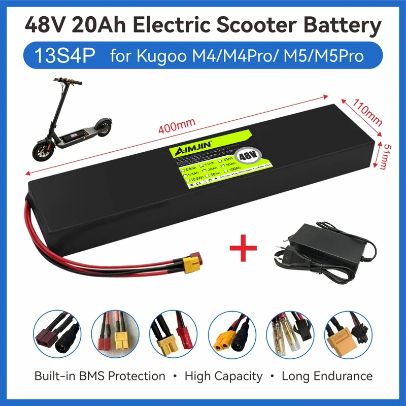 13S4P 20Ah 48V Electric Scooter Battery 18650 Grade-A Cells Built-in BMS XT60 JST for Kugoo M4 M4Pro MaxSpeed Series Long Range