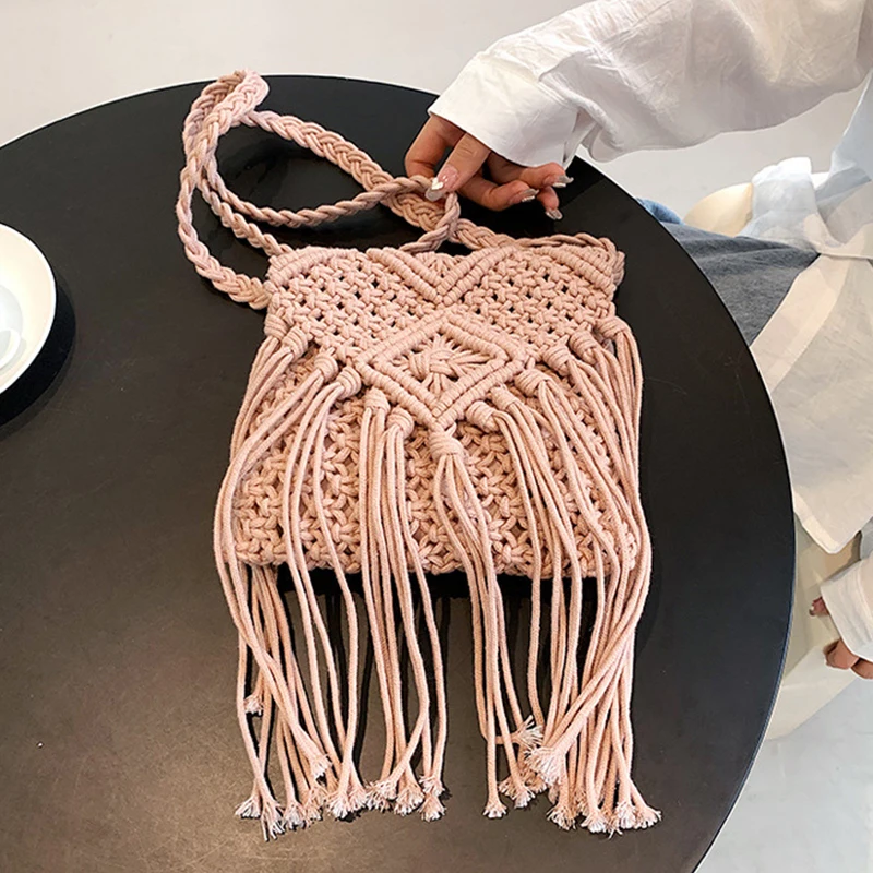 Neue Strohs ack böhmische Quaste Strand tasche Frauen häkeln Fransen Cross body ultraleichte Umhängetasche Frauen kleine Bolsos Feminina – Detail 24