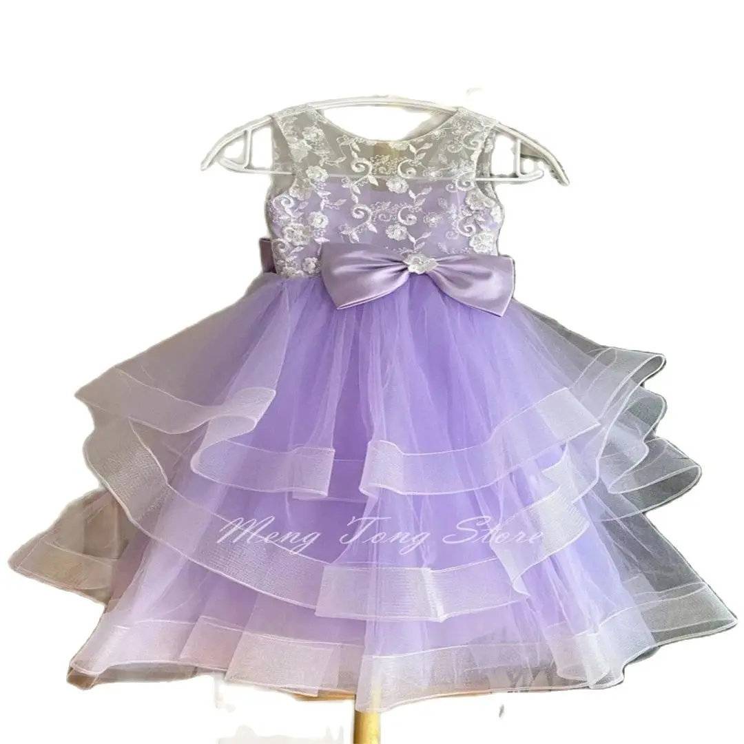 Flower Girl Dresses Purple Tulle Tiered White Flory Pattern With Bow Sleeveless For Wedding Birthday Party First Communion Gown