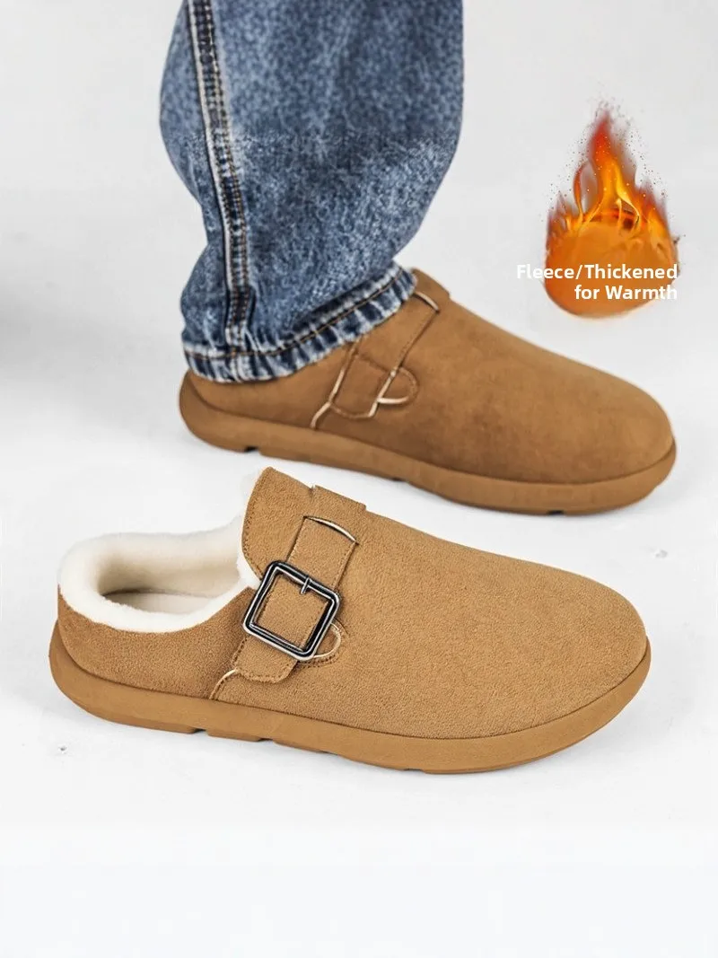 Men's Cotton Slippers Winter Thickened Warm Fleece Lined Mules Slip on Office Casual Cold Proof Bken Shoes Synthetic Leather