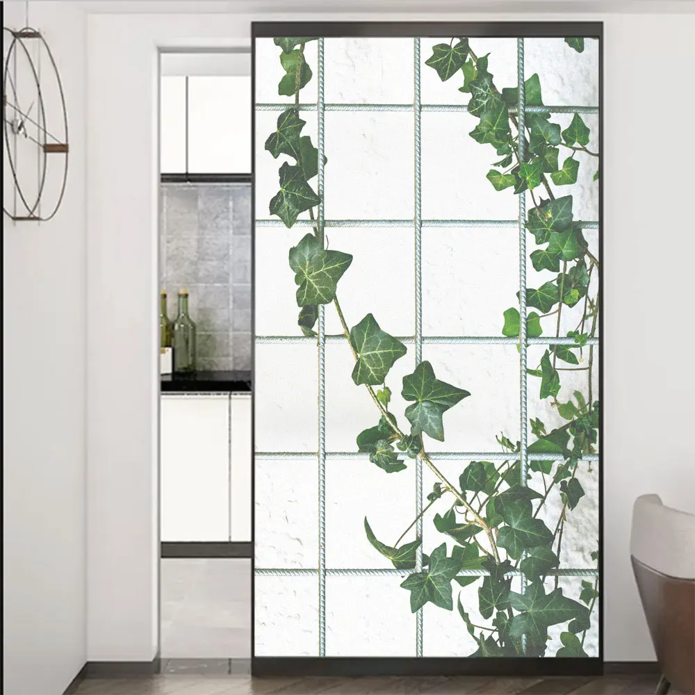 Privacy Glass Window Film Green Vines Pattern Sliding Door Decorative Flim No Glue Static Electricity Sun Blocking Windows Flim