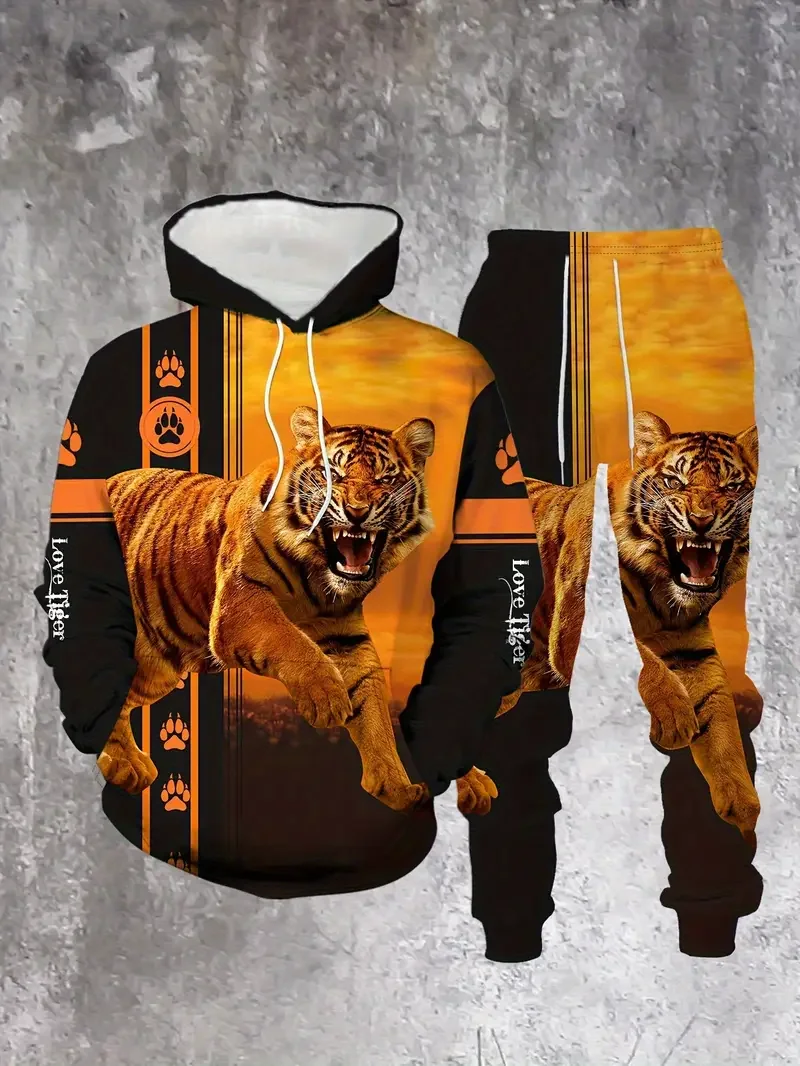 

Осенне-зимний мужской комплект с капюшоном, мужской модный комплект с капюшоном с принтом тигра и льва, уличный спортивный комплект с капюшоном, быстросохнущий комплект с капюшоном