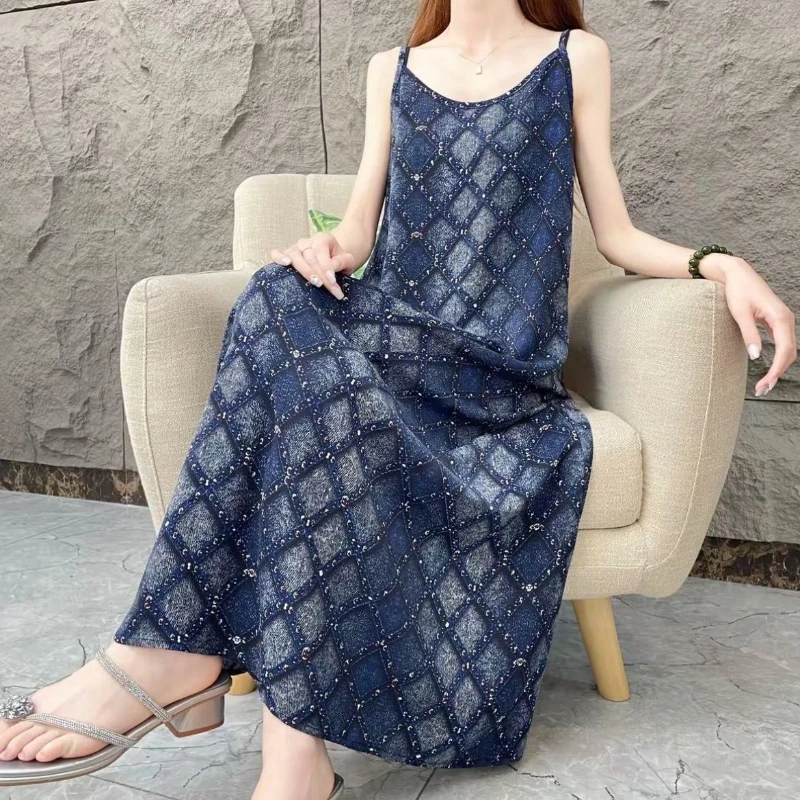 Elegant Women's Long Sleeveless Dress With Beaded Geometric Pattern Loose Fit Ankle Length Summer Wear