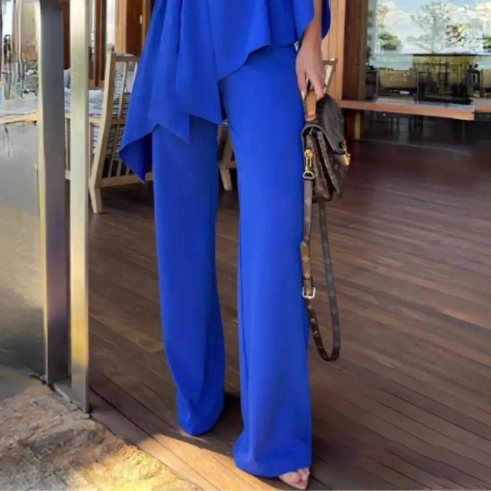 Blue Top & Wide Leg Pants Set Elegant Women Vest Wide Leg Pant Sets Two Piece Suit Spring Summer High Waist Trousers Suit