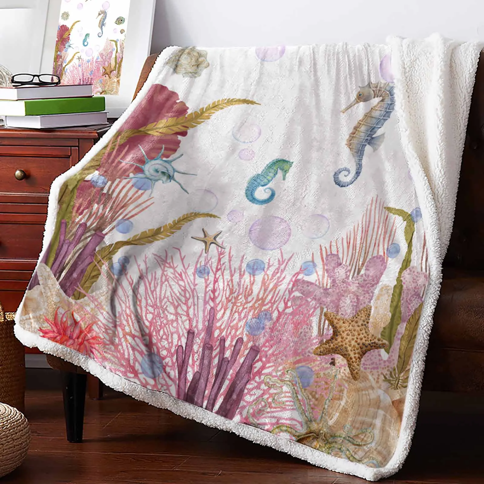 Sea Life Seahorse Coral Summer Cashmere Blanket Winter Warm Soft Throw Blankets for Beds Sofa Wool Blanket Bedspread