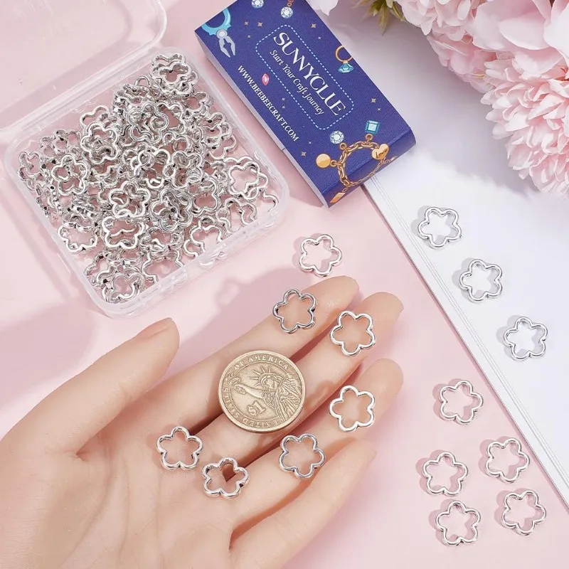 1 Box 100PCS 15mm Silver Flower Bead Frames Spacer Beads Metal Alloy Double Hole Hollow Petal Blossom Connector Link Frame Beads
