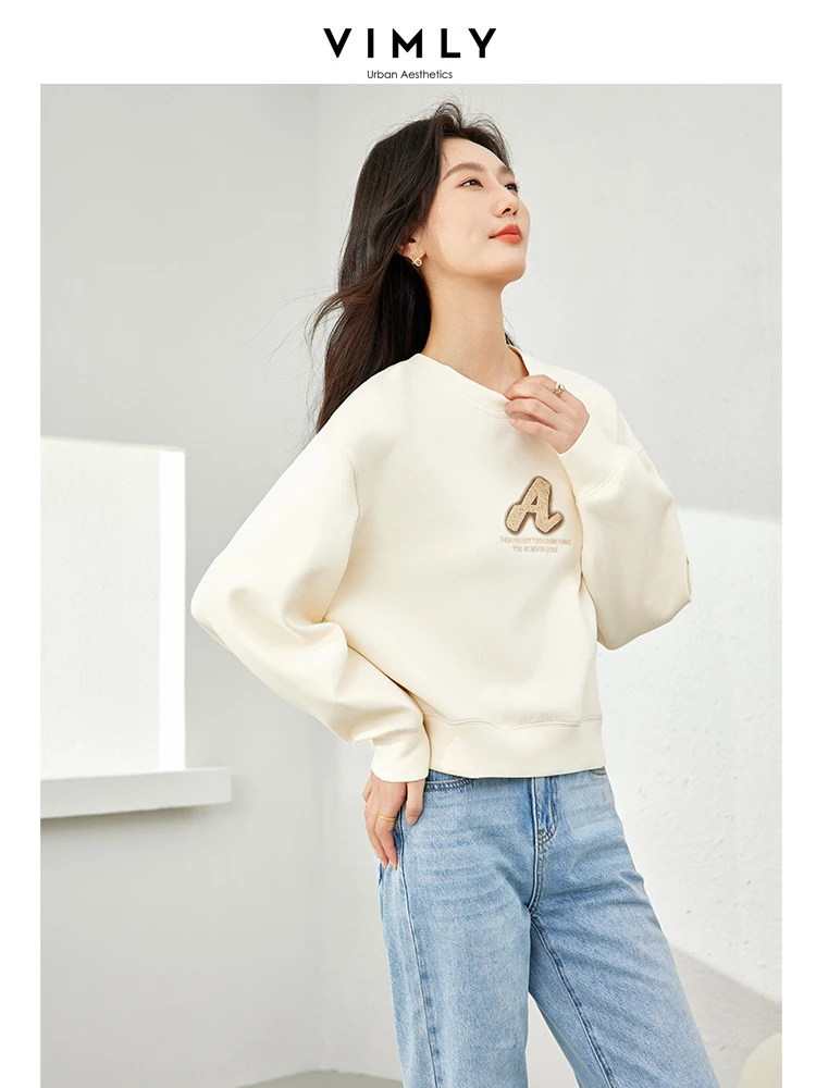 Vimly Letter Embroidery Short Women\'s Sweatshirt  2024 Apricot O-neck Spring Pullovers Long Sleeve Top Female Clothing M5710