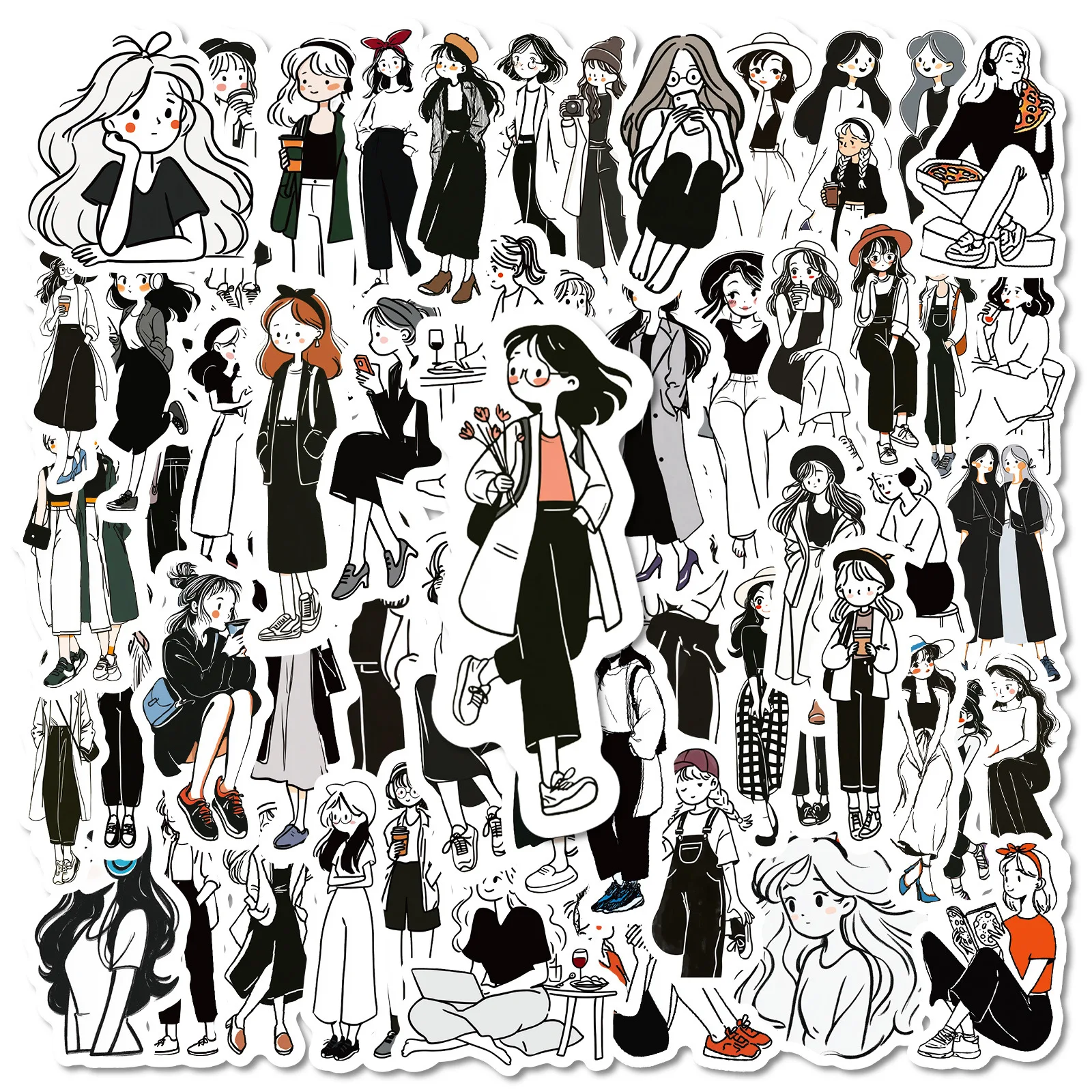 

56PCS Cartoon Black And White Fashionable Girl Graffiti Stickers Creative Decoration Mobile Phone Case Notebook Water Cup Gifts