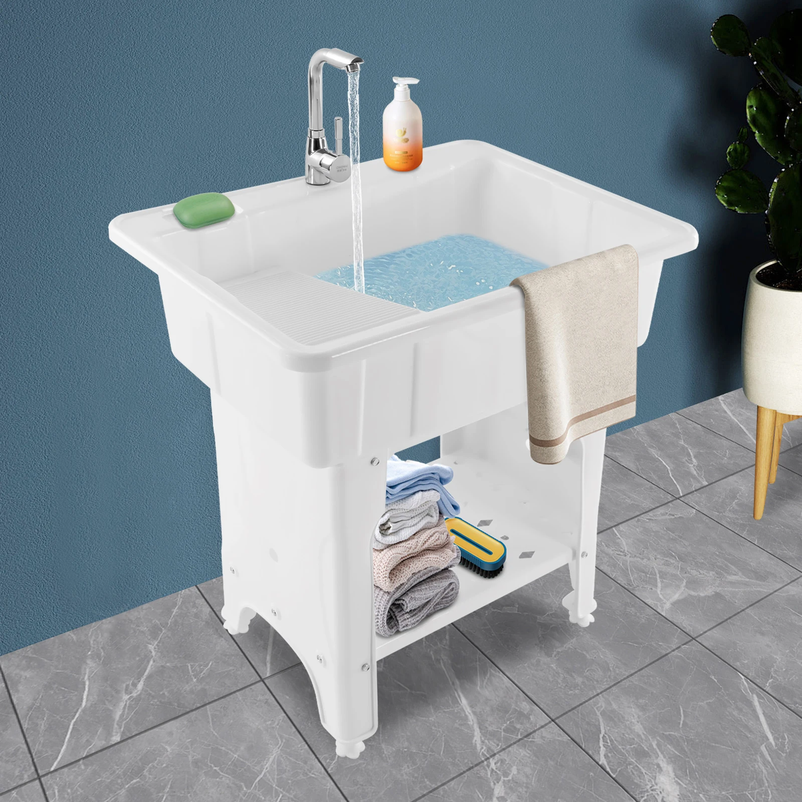 

Freestanding Laundry Tub Sink,With Hot and Cold Faucet, Valves Drain Pipe, Heavy Duty Slop Sinks for Laundry Room, Bathroom