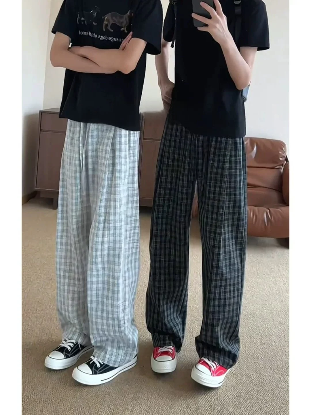 American Retro Plaid Casual Straight Leg Pants Men Summer Thin Ice Silk Bubble Cloth Quick Dry Wide Leg Sports Pants