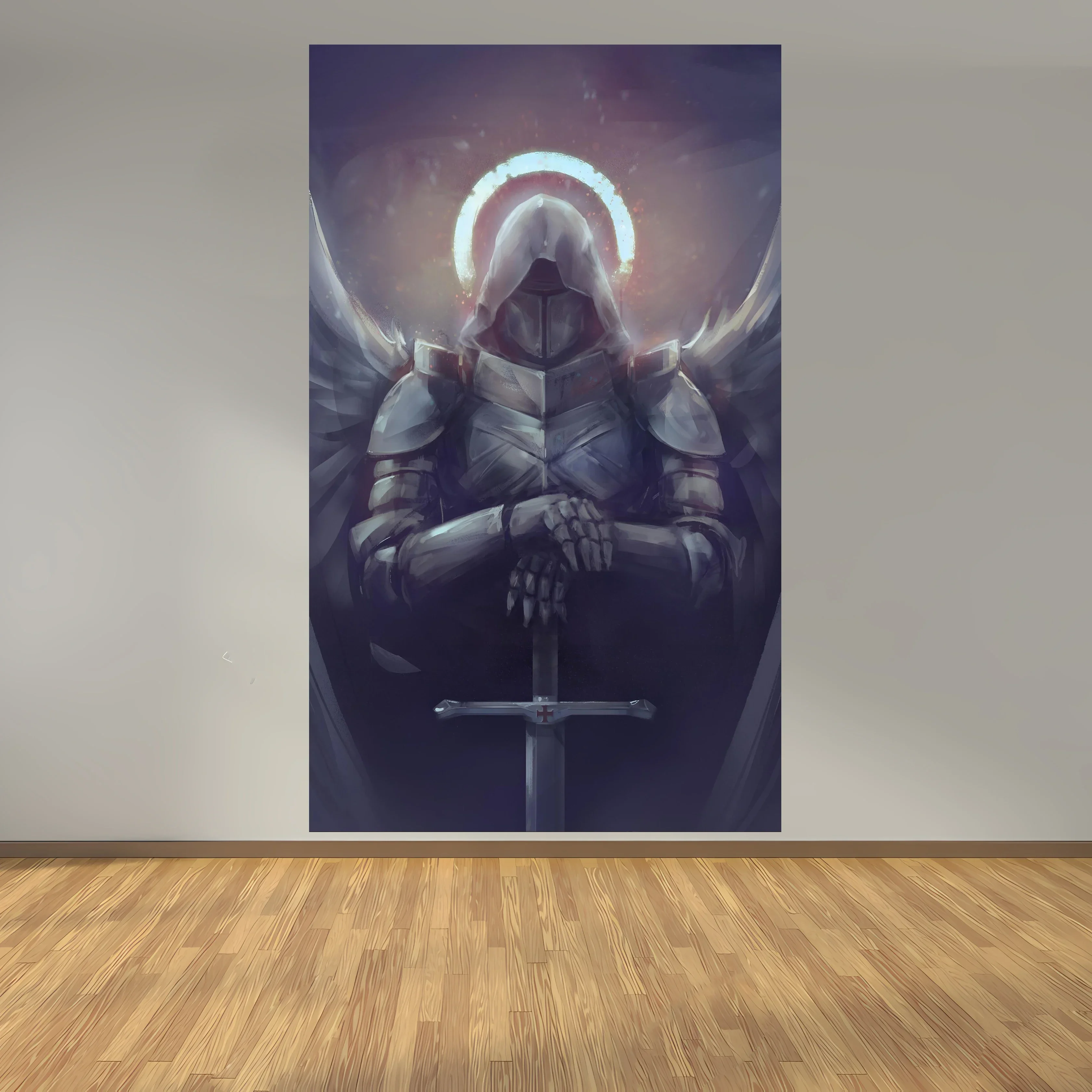 مجموعة نسيج Dark Fantasy Warrior - تصميمات الفارس الملحمي، مثالية لديكور غرفة الألعاب، عمل فني كبير للتعليق على الحائط