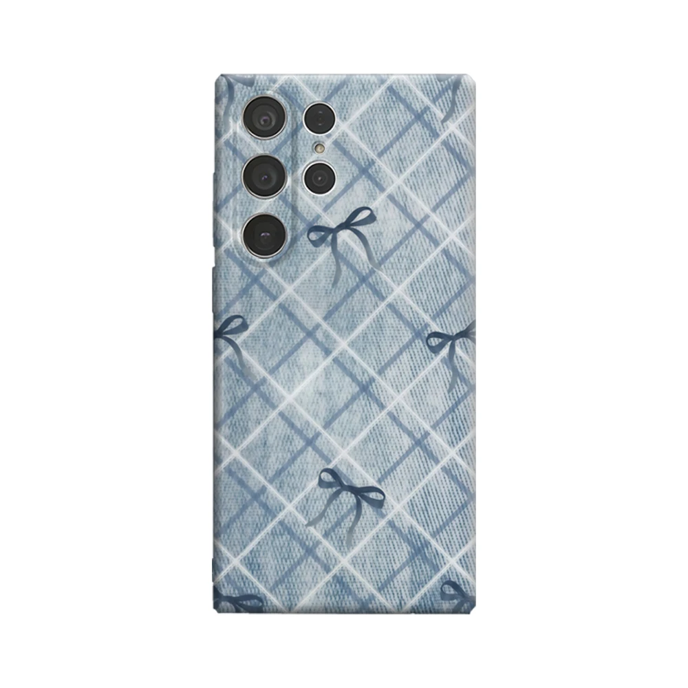 Denim Bow Grid Handyhülle für Samsung Galaxy S25 Ultra S24 S23 Ultra Plus, glänzende doppellagige Rückseite