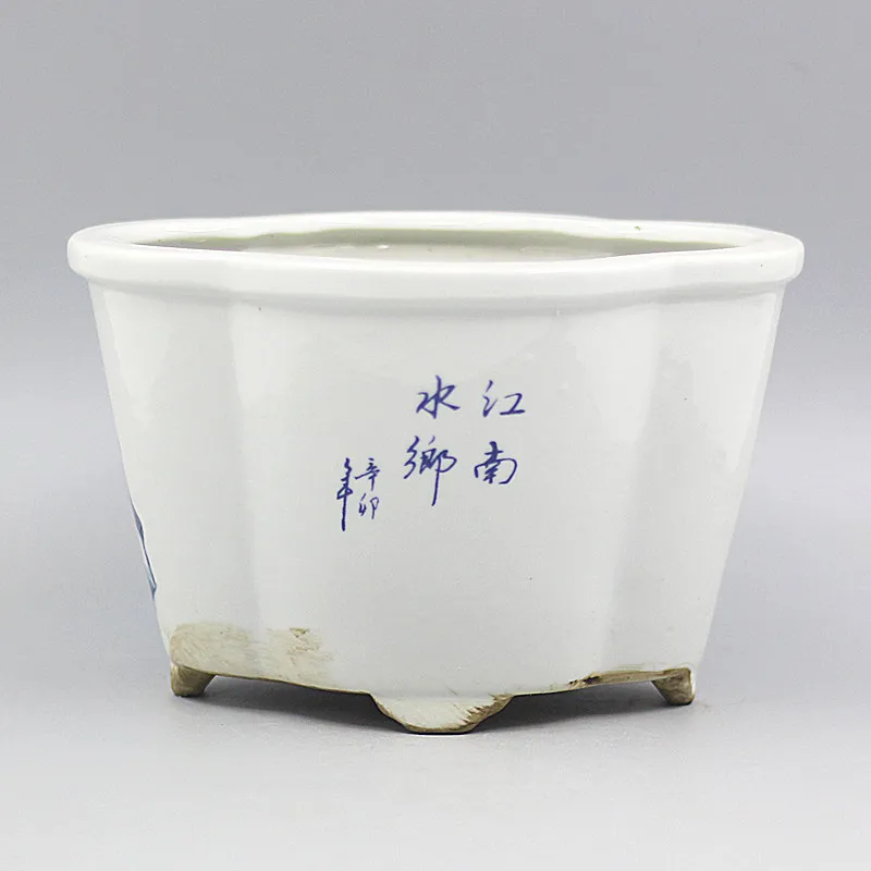1 Pcs Chinese Jingdezhen Blue and White Porcelain Water Town Landscape Design Flower Shape Flowerpot Pot 7.8